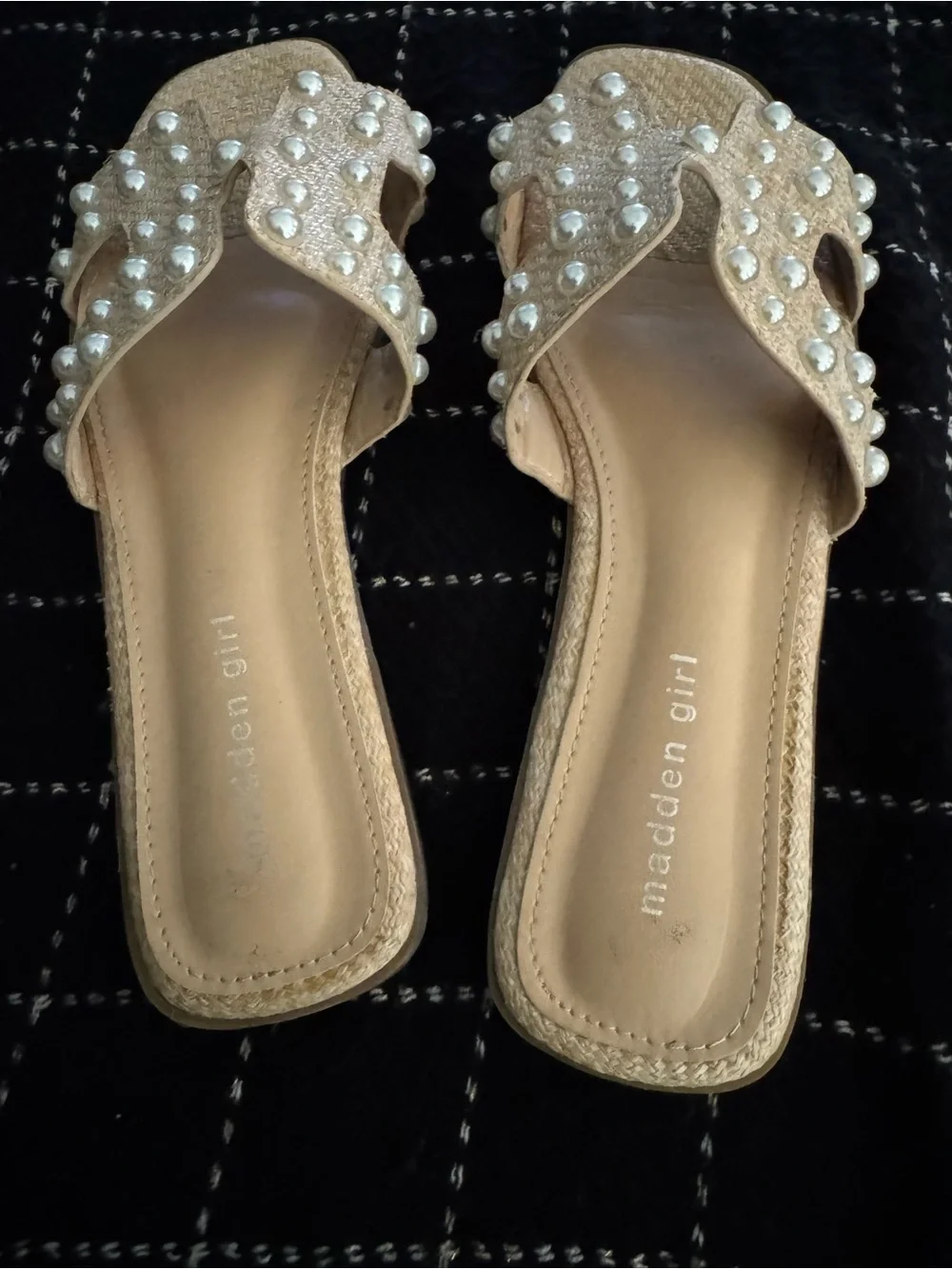 Madden Girl Tan Woven Slide Sandals with Pearl Studs